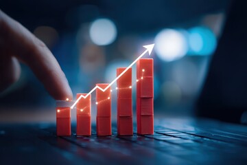 Digital marketing strategy focused on growth analysis and internet sales optimization demonstrated through a rising bar chart representing performance metrics