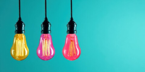 The colorful hanging light bulbs against a turquoise background.