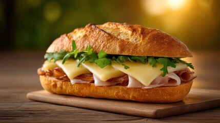 Delicious Baguette Sandwich with Fresh Ingredients Rustic Wood Background Food Photography Cozy Atmosphere