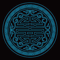 A classic circular Chinese longevity symbol displays intricate traditional details.