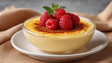 Delicious Coconut Pudding with Raspberries Elegant Dessert Culinary Delight Soft Lighting Top View Gourmet Treat