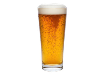 A tall glass of golden beer with a thick white foam head and bubbles, isolated on a transparent background