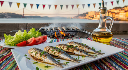 Fototapeta premium Grilled fish with fresh herbs and olive oil served with lettuce and tomato on white plate near barbecue grill outdoors