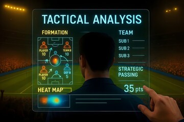 A soccer coach using a futuristic transparent screen to analyze the tactical formation and strategic passing of the team during a football match in the stadium