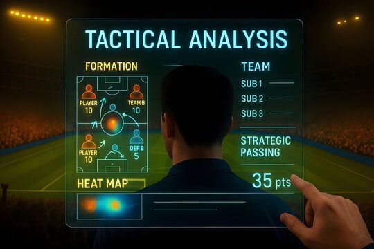 A soccer coach using a futuristic transparent screen to analyze the tactical formation and strategic passing of the team during a football match in the stadium