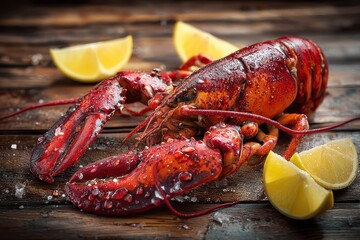 Freshly cooked lobster on a rustic wooden table garnished with lemon slices and sea salt for a delightful seafood feast