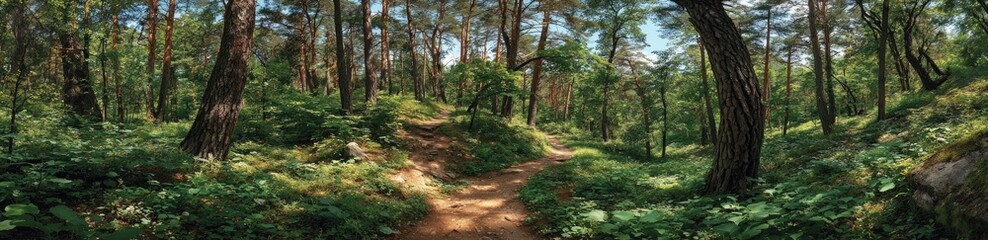 Obraz premium Lush forest path winds through tall trees