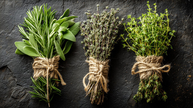 Bundles of fresh rosemary sage and thyme tied with twine on dark rustic background - Powered by Adobe