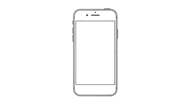 Outline drawing of a modern smartphone with a blank screen, isolated on a transparent background