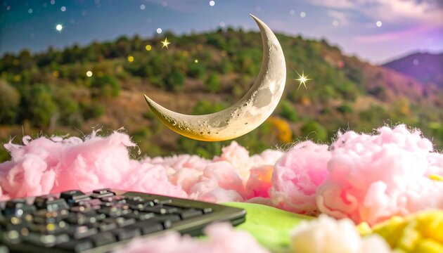 Crescent moon above keyboard with pink cotton candy clouds