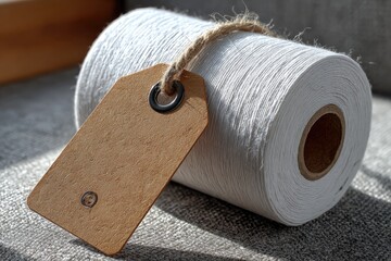 Rolled white yarn with a light brown tag