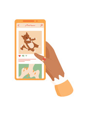 A user holds a phone in their hand. The smartphone displays a social media app. A person interacts with mobile application, flat graphic style, suitable for online communication and technology