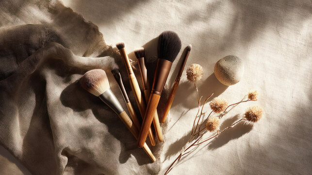 A minimalist makeup scene featuring brushes with wooden handles and soft bristles.