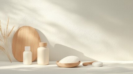 product Beauty Product Collection of skincare products in minimalist packaging, arranged on a white background with natural light, highlighting their natural ingredients.