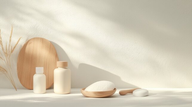 product Beauty Product Collection of skincare products in minimalist packaging, arranged on a white background with natural light, highlighting their natural ingredients.