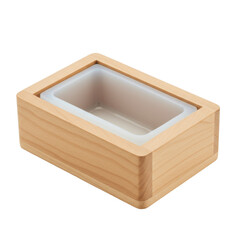 A new light wood soap mold with fine grain and translucent white silicone liner, on a pristine plain white studio background, slightly high angle, even shadowless light, concept of artisanal soap