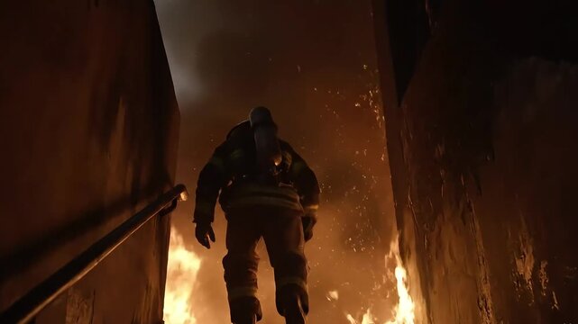 Firefighter Climbing Burning Stairwell Low Angle 4K - AI Generated