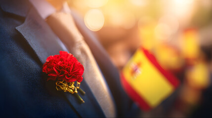 A red carnation pinned on a navy blue jacket, sunlight filtering through with Spanish flags in the background