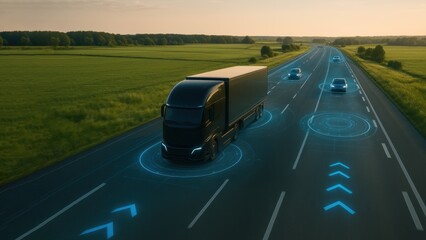 Self driving cargo truck on highway with holographic road data, smart transportation systems, fast transport, local transport