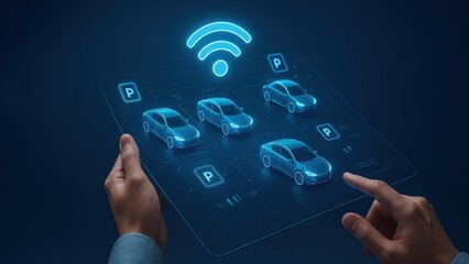 Hands on holographic tablet with electric cars and icons, smart transportation systems, fast transport, local transport