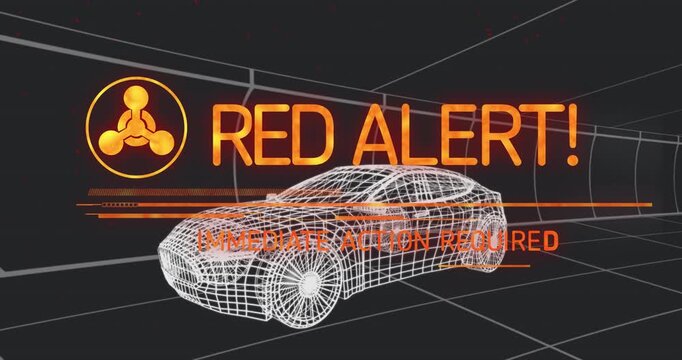 Icon fading in over 3D car starting scanning sweep and pulsing RED ALERT demanding immediate action