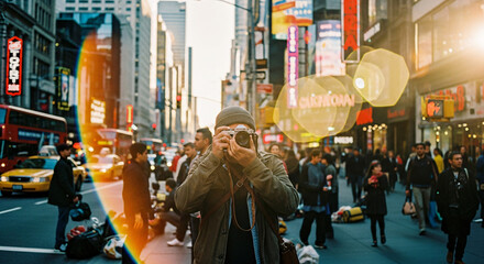 Street Photographer in City Holding Vintage Camera.