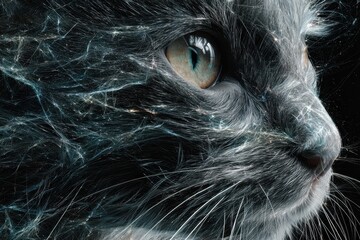 Stunning abstract representation of a cat showcasing intricate patterns and details resembling cosmic phenomena in a surreal and artistic style