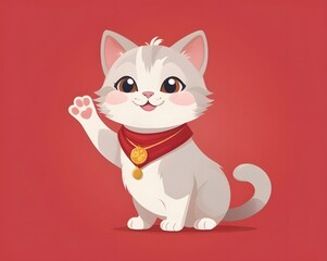 Fototapeta premium Adorable cartoon cat waving hello with a friendly smile and a festive red scarf