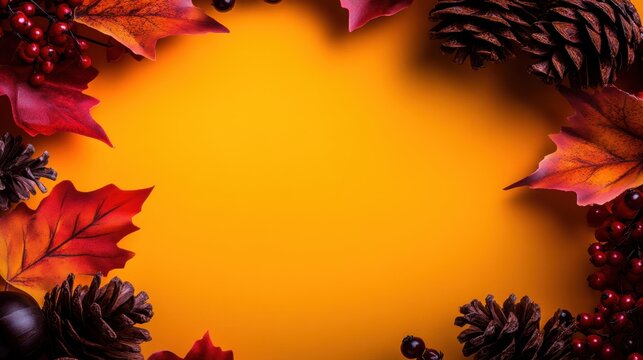Autumn leaves and pine cones create a vibrant seasonal background