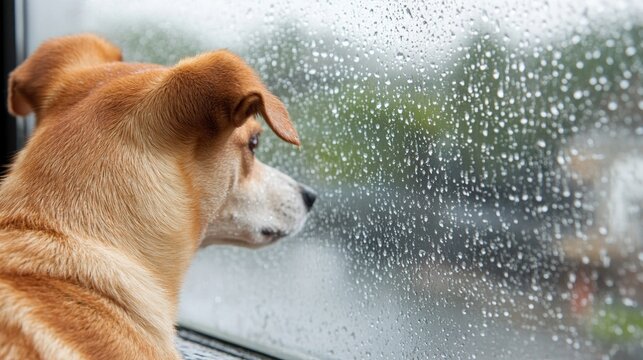 Dog watching raindrops on window during a rainy day at home