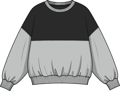 Oversized colorblock sweatshirt with balloon sleeves, ribbed hem and cuffs, casual loose fit, stylish two-tone pullover fashion flat sketch
