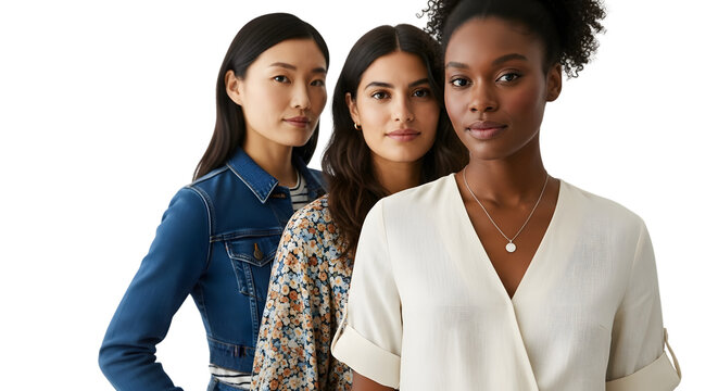 Three diverse women of different ethnicities posing together isolated on transparent background - Powered by Adobe