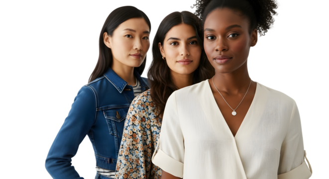 Three diverse women of different ethnicities posing together isolated on transparent background