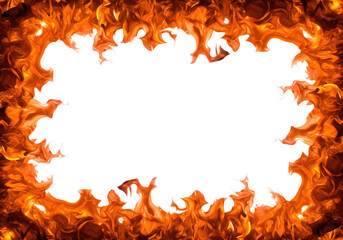 A frame of vibrant orange and red flames with a transparent background in the center, perfect for design elements and creating a fiery border