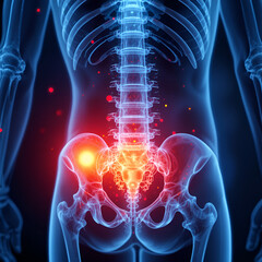 Sciatica Pain X-ray of inflamed sacroiliac joints, highlighting lower back pain, medical illustration for healthcare.