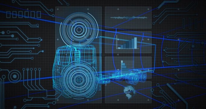 Wireframe truck model materializing on grid while HUD panels animating data for diagnostics - Powered by Adobe