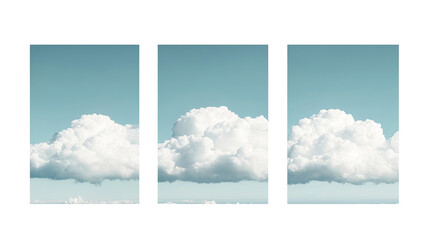 A calm and minimalist collage of white clouds isolated on a transparent background. PNG