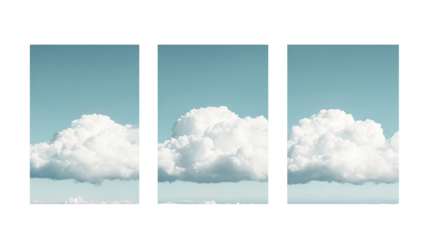 A calm and minimalist collage of white clouds isolated on a transparent background. PNG