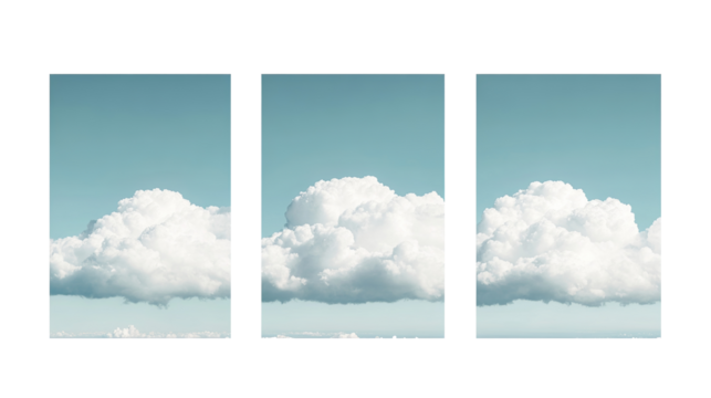 A calm and minimalist collage of white clouds isolated on a transparent background. PNG