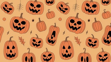 Fototapeta premium Festive Halloween Pumpkin Pattern with Creepy Faces and Leaves