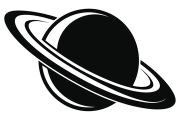 A black and white stylized shows a planet with prominent rings circling it