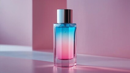 Elegant cosmetic bottle featuring a stunning pink-to-blue gradient liquid, showcased in a minimalist setting with soft lighting on a pastel pink background
