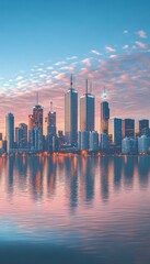 Obraz premium Stunning Urban Sunrise Over City Skyline, Reflections on Water Creating a Serene Morning Scene