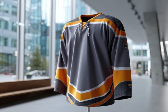 Realistic mockup of a hockey jersey displayed inside a modern architectural space showcasing contemporary design elements and vibrant colors - Powered by Adobe