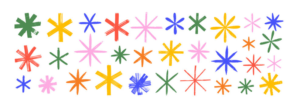 Various crayon drawn asterisks and star shapes. Colorful brush drawn asterisks, vector funky geometric figures. Grunge bold and thin forms. Naive playful typography design elements. Rough symbols.