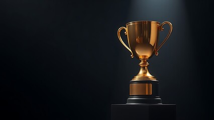 A gleaming gold trophy displayed on a pedestal, highlighted by dramatic studio lighting against darkness.