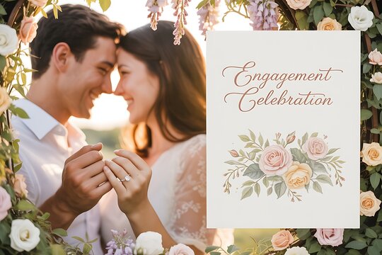 Celebrate your engagement with this stunning invitation design featuring a happy couple and delicate floral accents, perfect for announcing your special day