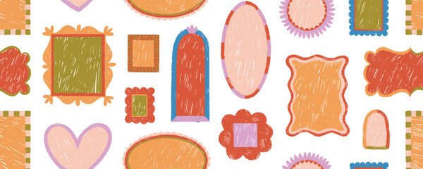 Seamless pattern with colorful picture frames. Crayon drawn antique funky frames.