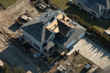 Roof work completed on residential house in suburban area showcases craftsmanship and construction efforts from above during midday