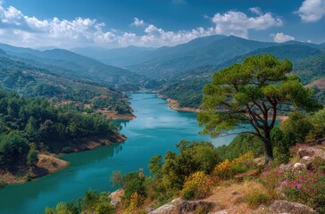 Mountain lake vista, bright sunny day